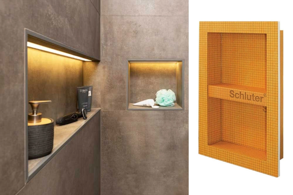 Installation d'une niche murale étanche à carreler Schlüter-KERDI-BOARD-N dans une douche par Millius Systems en Valais