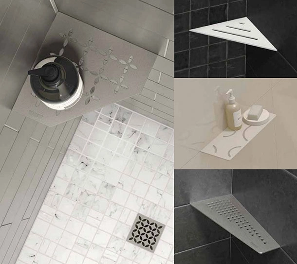 Intégration d'une étagère de douche design Schlüter-SHELF en acier inoxydable dans le joint du carrelage par Millius Systems en Valais